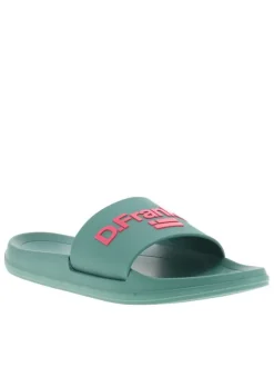 Mules de plage vertes avec un talon plat et munies d'une sangle
