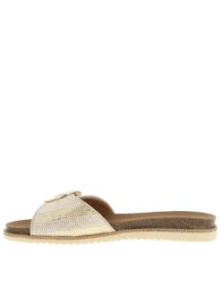Mules dorées et blanches avec une boucle à ardillon sur le bout