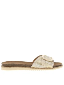 Mules dorées et blanches avec une boucle à ardillon sur le bout