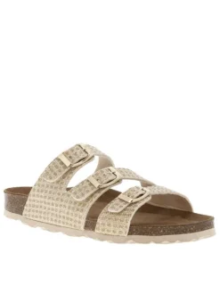 Mules dorées ornées de fil lurex avec trois boucles à ardillon métalliques