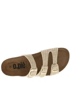 Mules dorées ornées de fil lurex avec trois boucles à ardillon métalliques