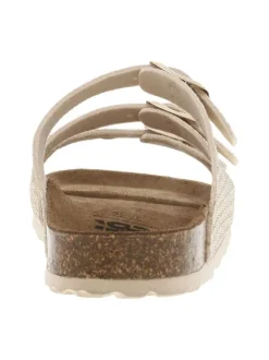 Mules dorées ornées de fil lurex avec trois boucles à ardillon métalliques