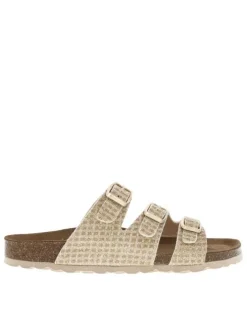 Mules dorées ornées de fil lurex avec trois boucles à ardillon métalliques