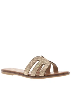 Mules en cuir beiges à semelle plate avec un effet zébré doré à l'avant