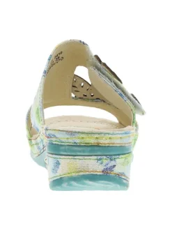 Mules en cuir bleues et vertes avec une fleur et à bande auto-agrippante