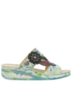 Mules en cuir bleues et vertes avec une fleur et à bande auto-agrippante