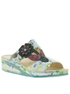 Mules en cuir bleues et vertes avec une fleur et à bande auto-agrippante