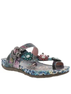 Mules en cuir bleues à semelle plate et à soufflets élastiqués
