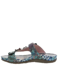 Mules en cuir bleues à semelle plate et à soufflets élastiqués