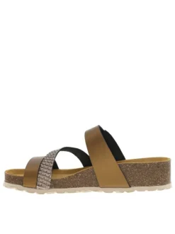 Mules en cuir bronze à talon compensé avec une boucle à ardillon