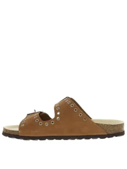 Mules en cuir brunes à talon plat avec boucles à ardillon et oeillets d'aération
