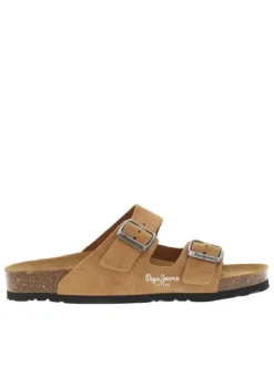 Mules en cuir camel en suède avec deux sangles à boucle à ardillon