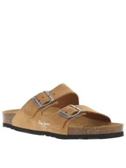 Mules en cuir camel en suède avec deux sangles à boucle à ardillon