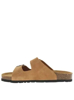 Mules en cuir camel en suède avec deux sangles à boucle à ardillon