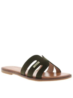Mules en cuir kaki à semelle plate avec un talon décroché bas