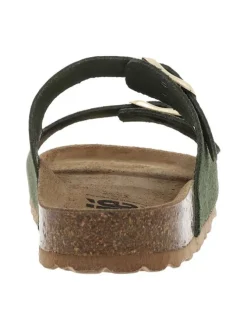 Mules en cuir kaki à talon plat avec deux boucles à ardillon