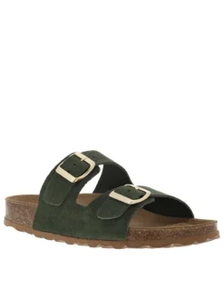 Mules en cuir kaki à talon plat avec deux boucles à ardillon