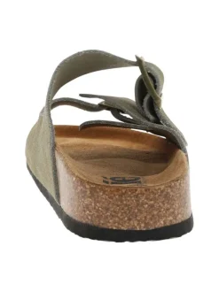 Mules en cuir kaki à talons plats avec deux boucles à ardillon