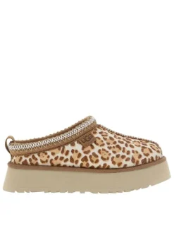 Mules en cuir léopard à talon compensé avec doublure en fausse fourrure