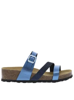 Mules en cuir marine à talon compensé avec une boucle à ardillon