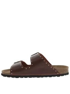 Mules en cuir marron avec boucles à ardillon et clous dorés Made in France