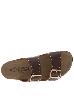 Mules en cuir marron avec boucles à ardillon et clous dorés Made in France