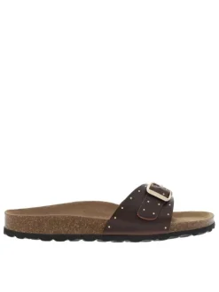 Mules en cuir marron avec une boucle à ardillon et clous dorés Made in France
