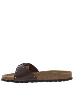 Mules en cuir marron avec une boucle à ardillon et clous dorés Made in France