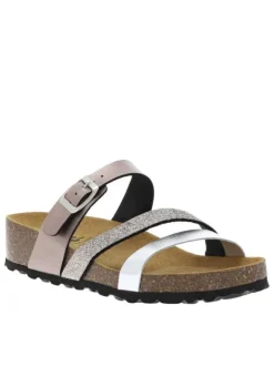 Mules en cuir multicolores à talon compensé avec une boucle à ardillon