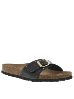 Mules en cuir noires avec boucle à ardillon et clous dorés Made in France