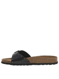 Mules en cuir noires avec boucle à ardillon et clous dorés Made in France