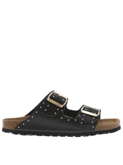 Mules en cuir noires avec 2 boucles à ardillon dorées Made in France
