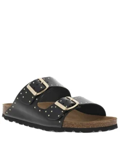 Mules en cuir noires avec 2 boucles à ardillon dorées Made in France