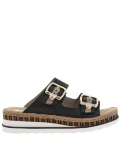 Mules en cuir noires avec deux sangles larges et à talon compensé