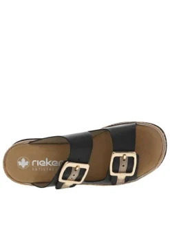 Mules en cuir noires avec deux sangles larges et à talon compensé