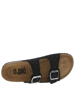 Mules en cuir noires à motif rectangulaire avec deux boucles à ardillon