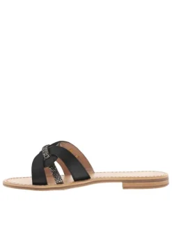 Mules en cuir noires à talon plat avec un aspect tacheté sur les brides avants