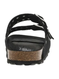 Mules en cuir noires à talon plat et boucles à ardillon argentées