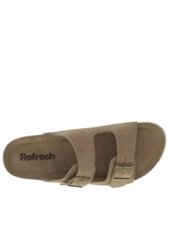 Mules en cuir nubuck taupe avec détail aspect liège et 2 boucles à ardillon