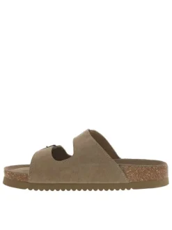 Mules en cuir nubuck taupe avec détail aspect liège et 2 boucles à ardillon