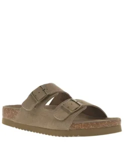 Mules en cuir nubuck taupe avec détail aspect liège et 2 boucles à ardillon