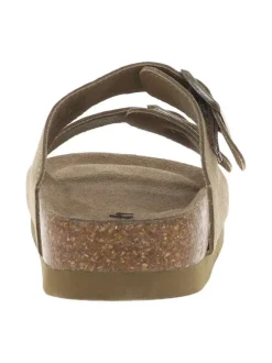 Mules en cuir nubuck taupe avec détail aspect liège et 2 boucles à ardillon