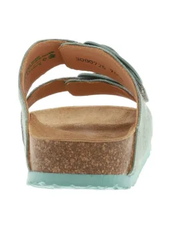 Mules en cuir suède aspect velours turquoise, bandes auto-agrippantes et boucles