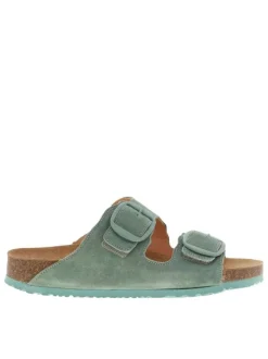 Mules en cuir suède aspect velours turquoise, bandes auto-agrippantes et boucles