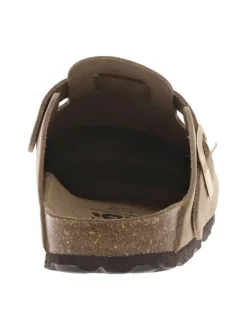 Mules en cuir taupe style sabot avec boucle à ardillon à l'extérieur
