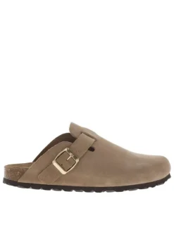 Mules en cuir taupe style sabot avec boucle à ardillon à l'extérieur