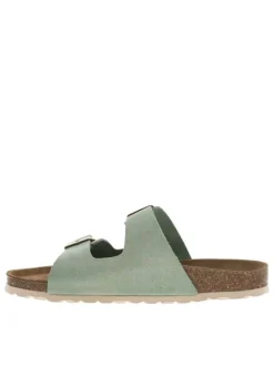 Mules en cuir vertes à talon plat avec deux boucles à ardillon