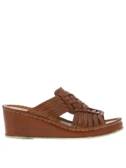Mules Fanni en cuir marron à talon semi-compensé et brides entremêlées