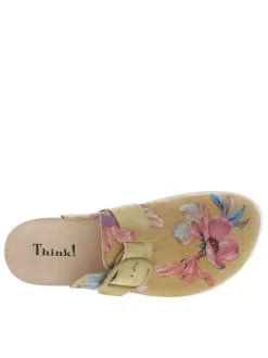 Mules fermées en cuir moutarde à fleurs tropicales et bande auto-agrippante
