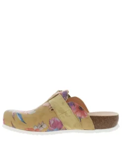 Mules fermées en cuir moutarde à fleurs tropicales et bande auto-agrippante